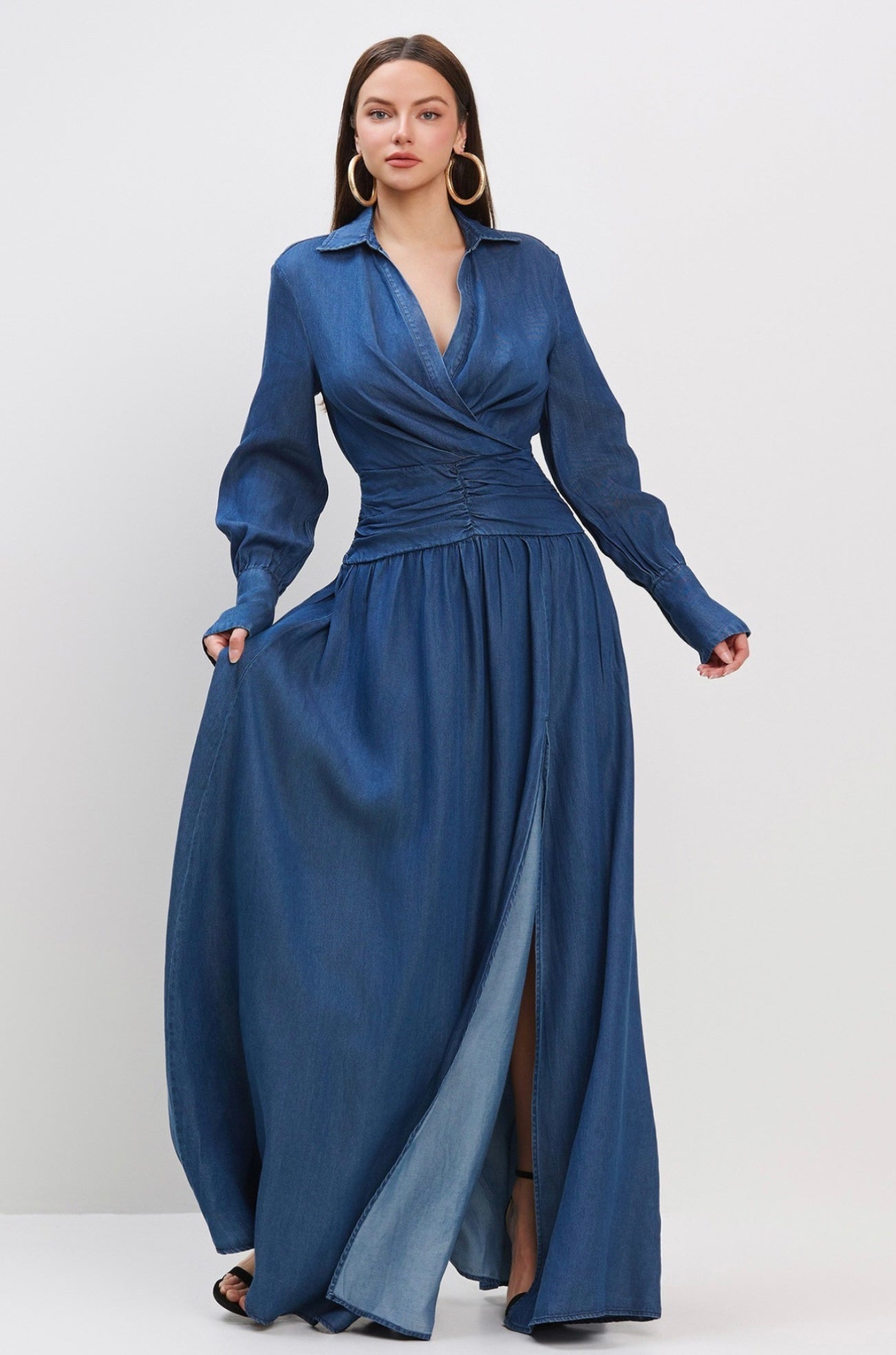 Shirred Waist Denim Maxi