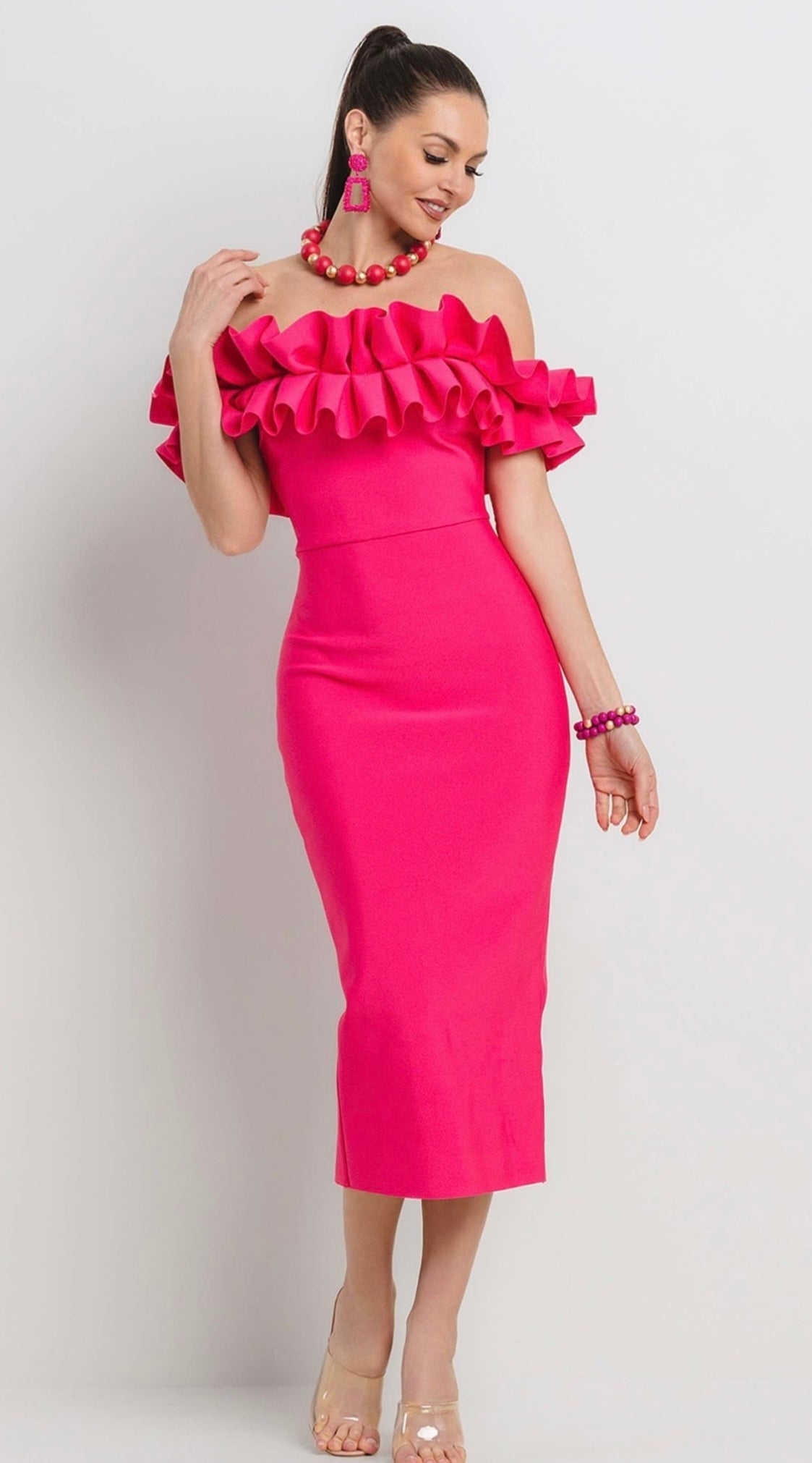 Ruffle Off The Shoulder Bandage Midi