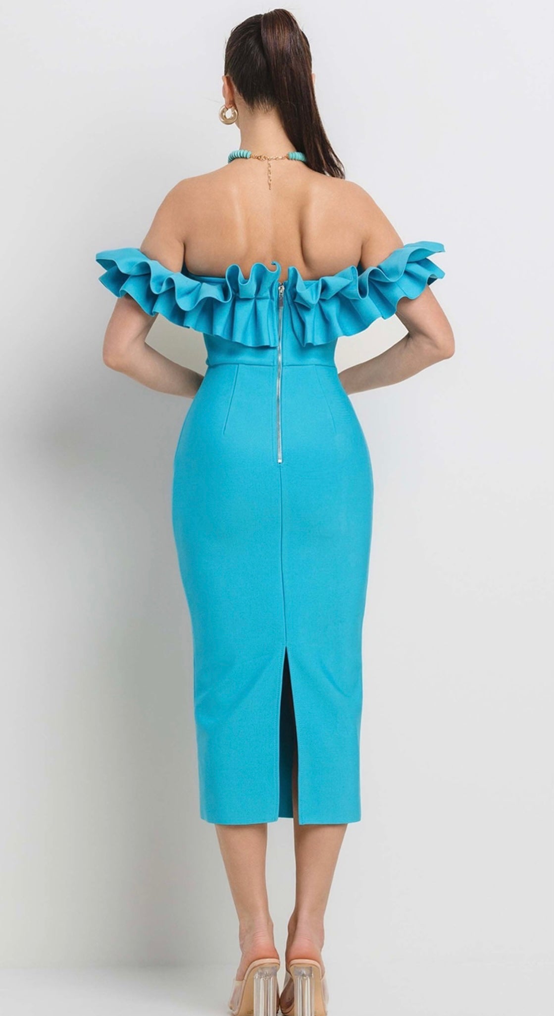 Ruffle Off The Shoulder Bandage Midi