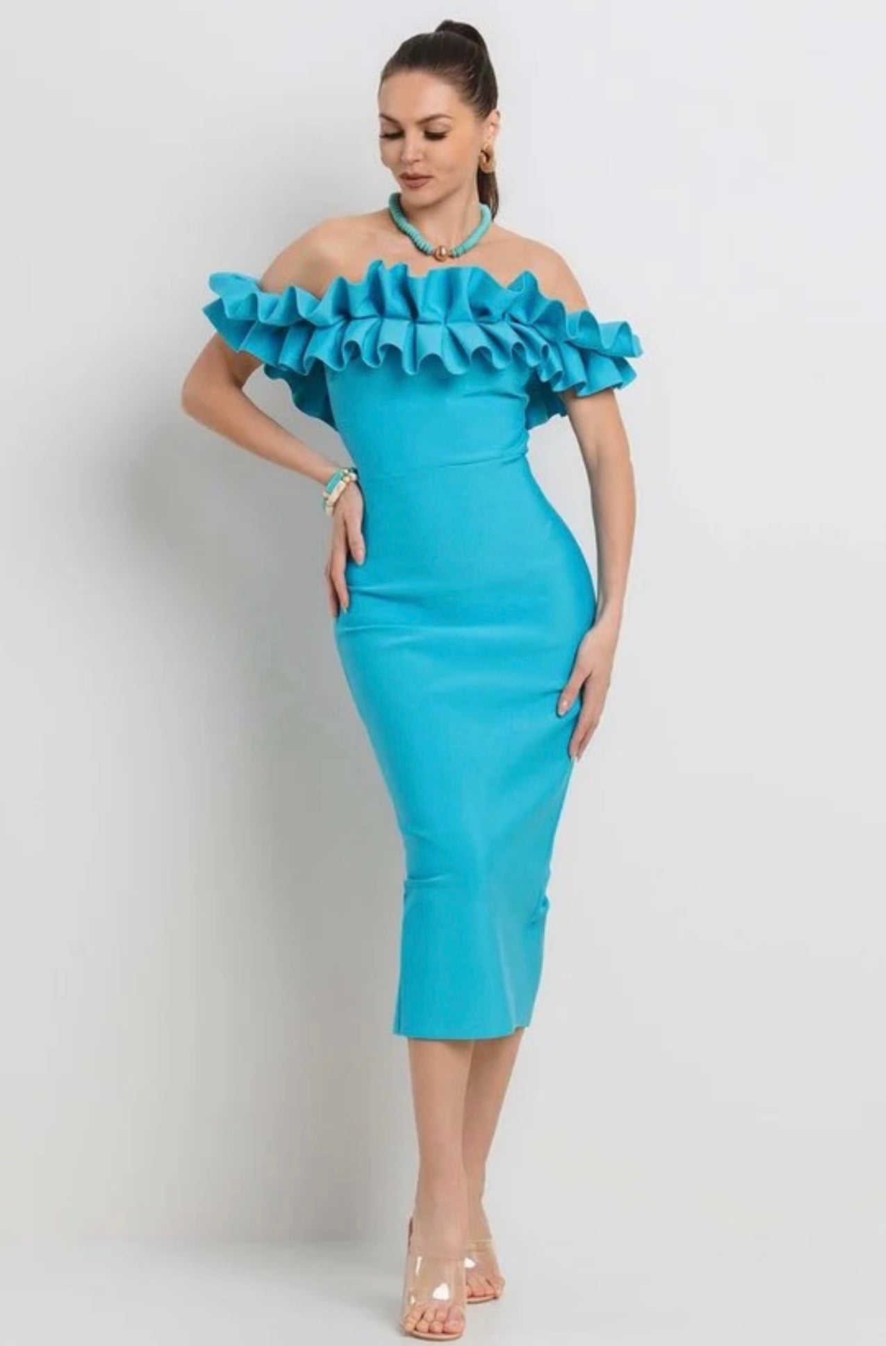 Ruffle Off The Shoulder Bandage Midi