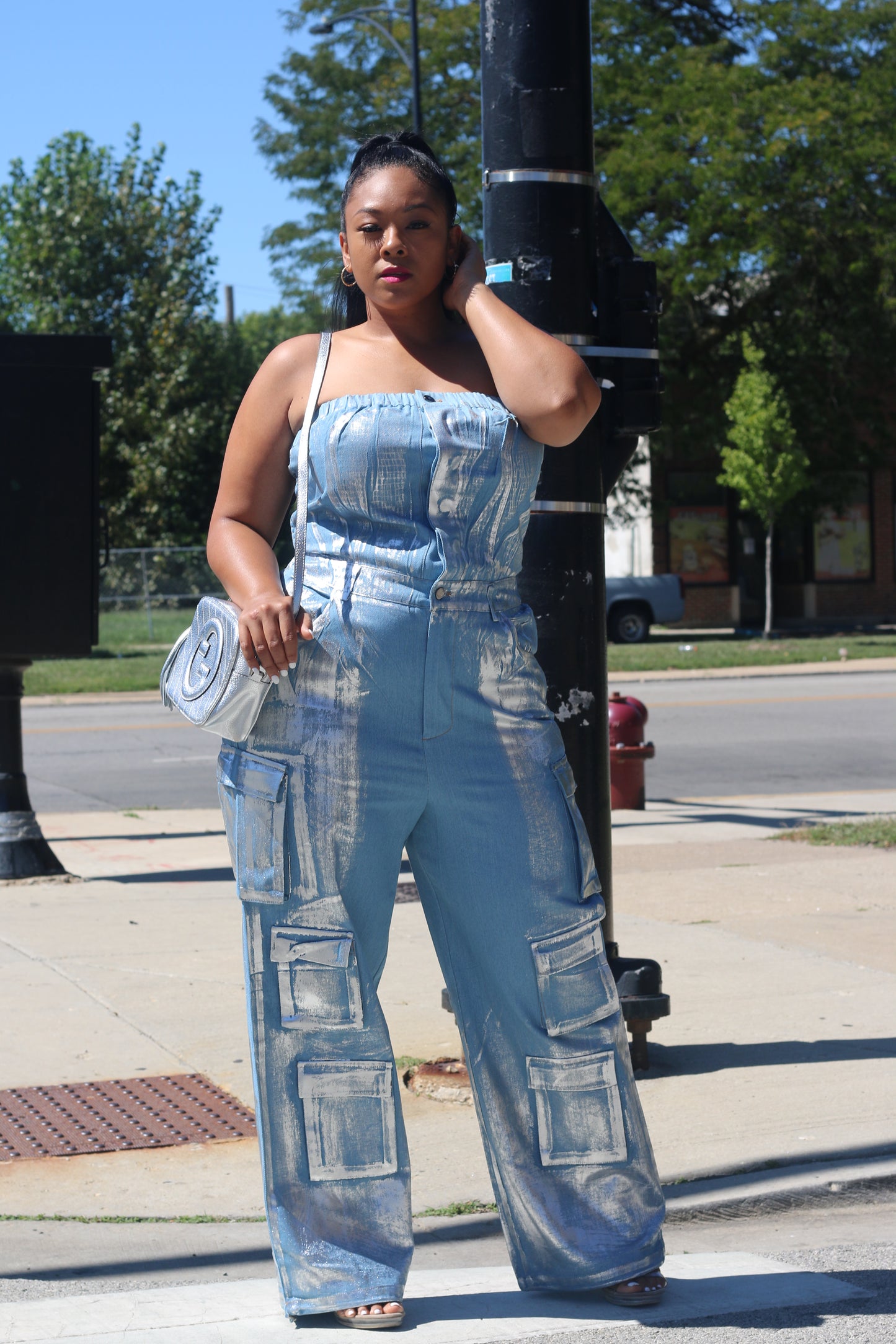 Metallic Cargo Jumpsuit
