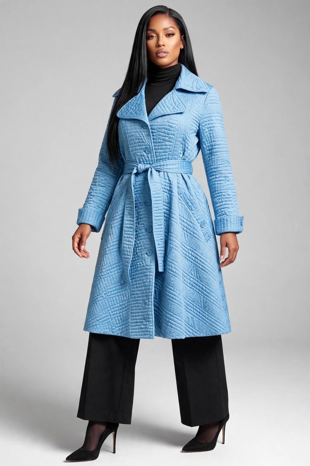 Quilted Wrap Coat in Carolina Blue