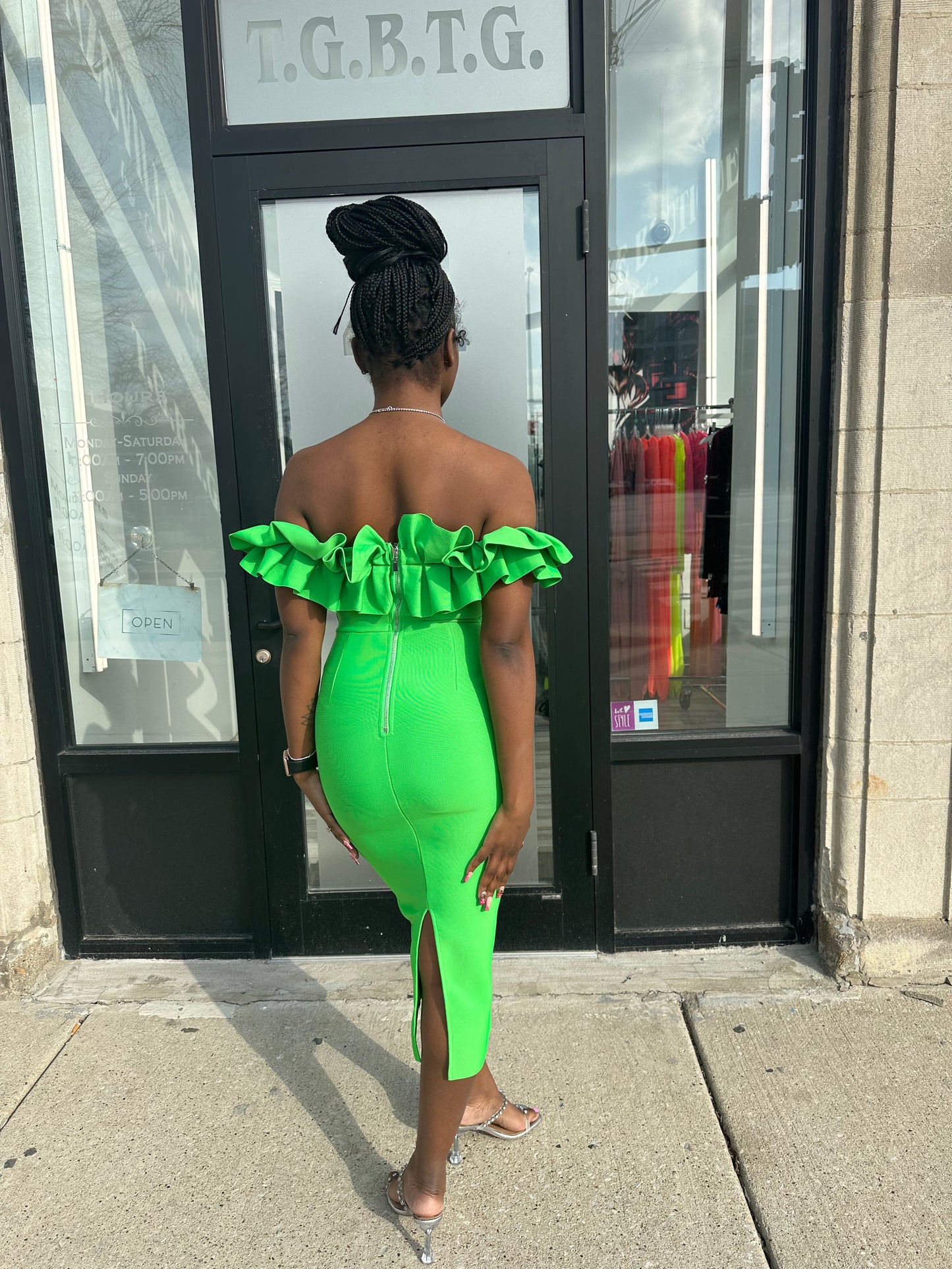 Ruffle Off The Shoulder Bandage Midi