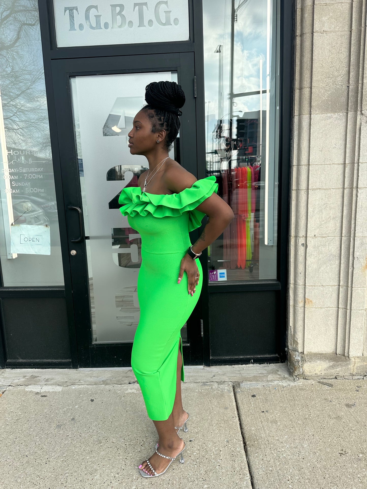 Ruffle Off The Shoulder Bandage Midi