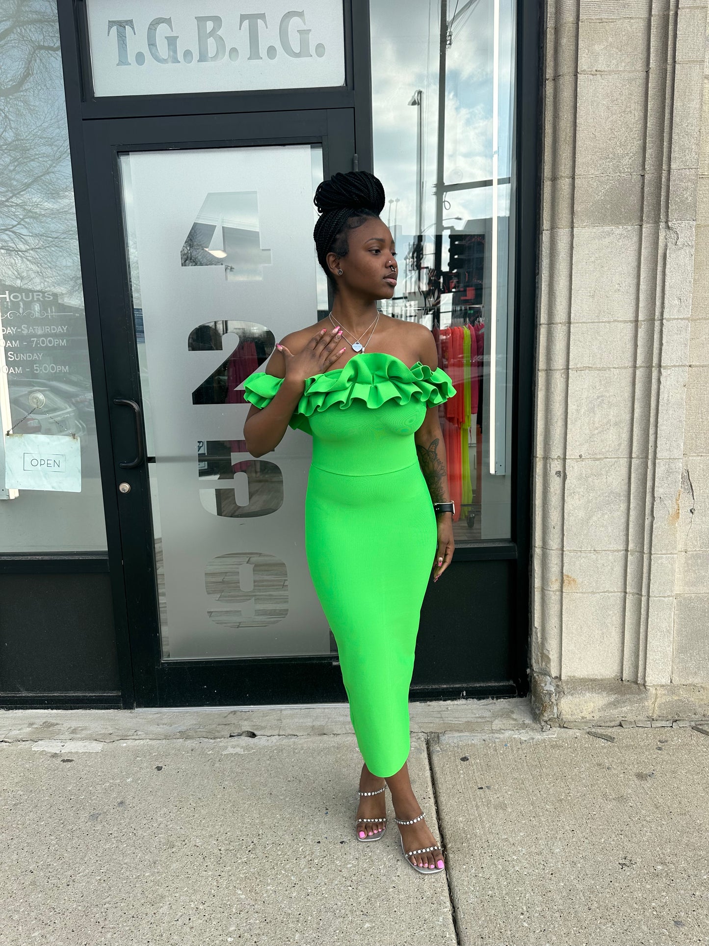 Ruffle Off The Shoulder Bandage Midi