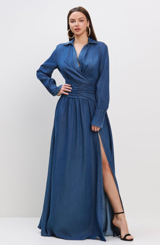 Shirred Waist Denim Maxi