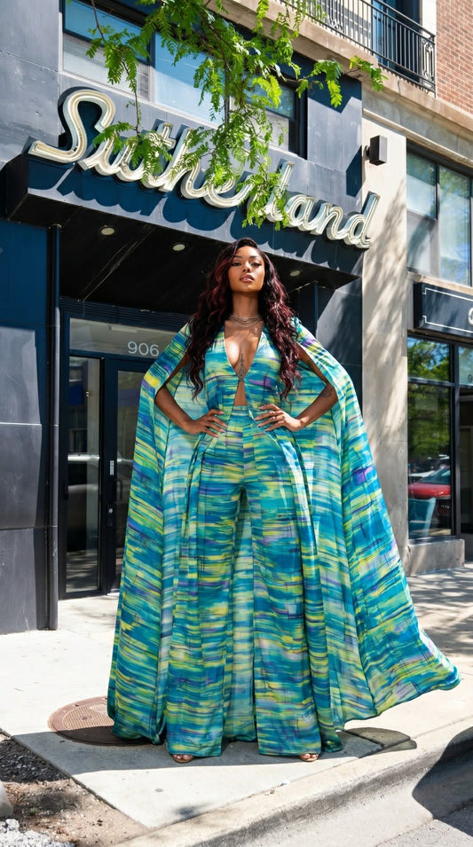 Satin Cape Pants 2pc