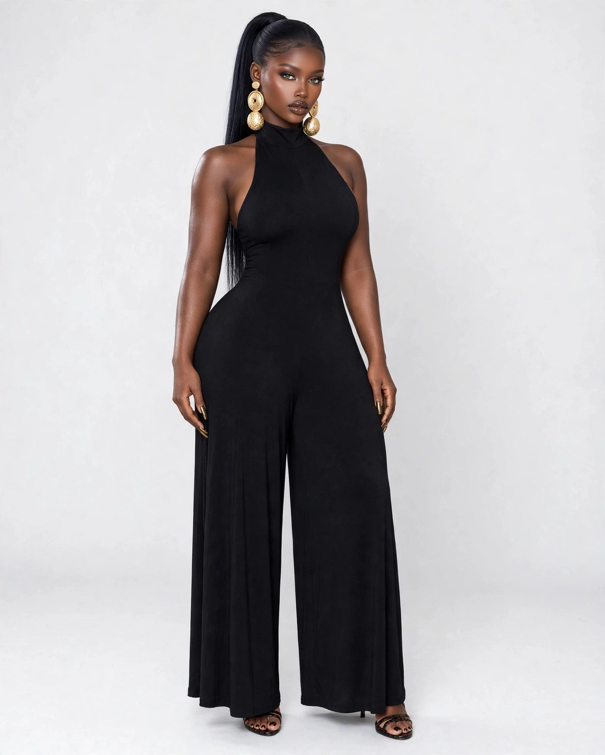 Halter Palazzo Jumpsuit in Black on model