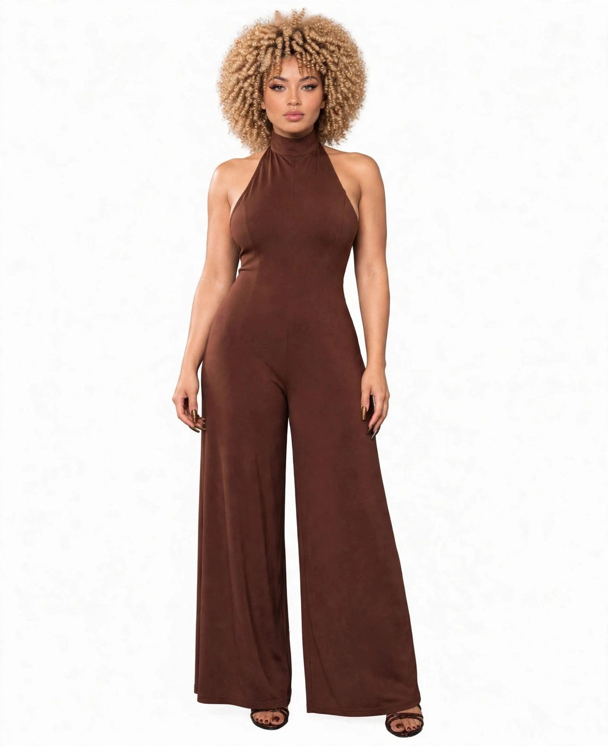 Halter Palazzo Jumpsuit in Brown on model