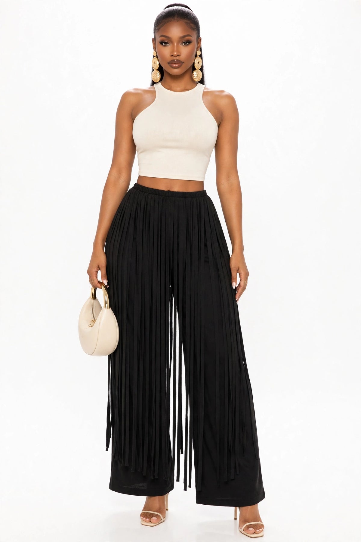 Fringe Overlay Pant in black, standing still so the fringe hangs straight down