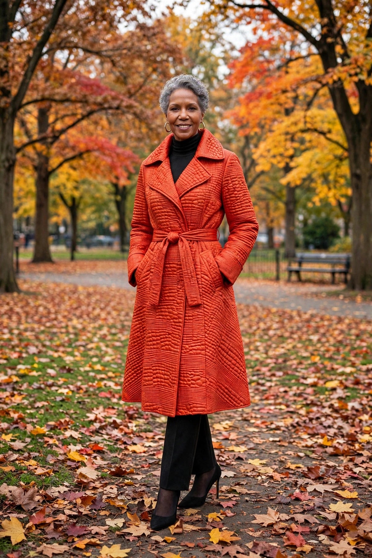 Quilted Wrap Coat in Orange on Gloria, fall park