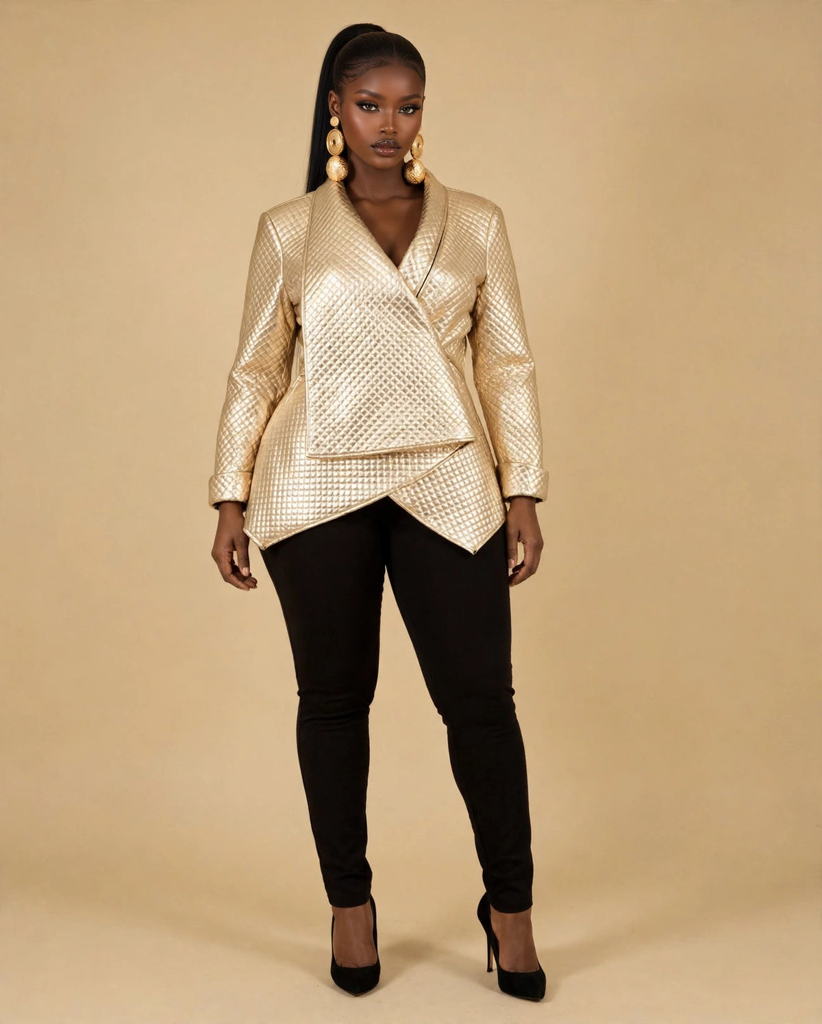 Quilted Wrap Jacket in Gold on model