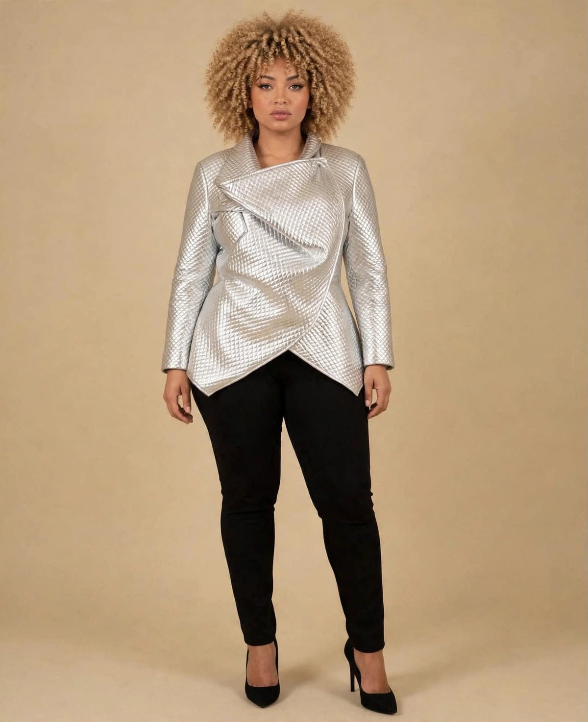 Quilted Wrap Jacket in Silver on model