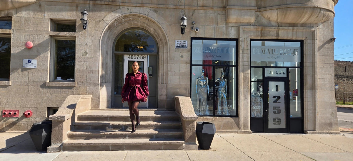 Taffeta Bubble Mini in Cranberry on the Bronzeville Boutique steps
